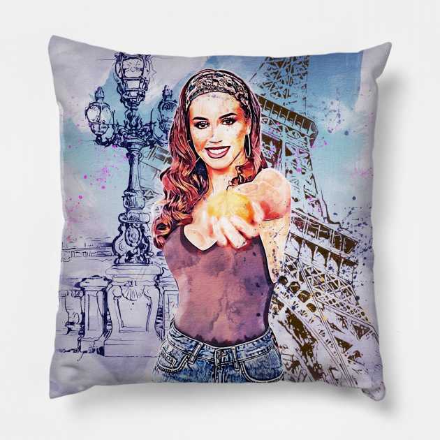 Girl in denim shorts in Paris Pillow by Montanescu