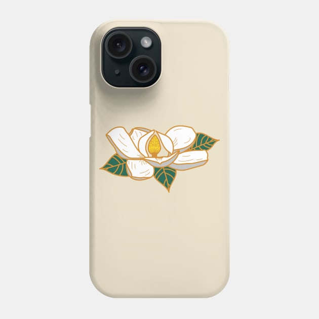 Farmhouse Floral White Magnolia Flower with Green Botanical Leaves and Gold Copper Outline Phone Case by Little Shop of Nola