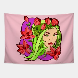 Red Lilies and Green Girl Tapestry