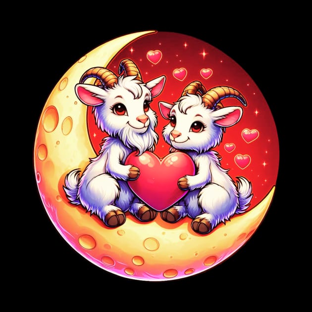 Valentine Goat Couple on Moon Valentines Day Goat by Figurely creative