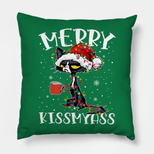 Merry Kissmyass Cat Christmas light Funny Pillow