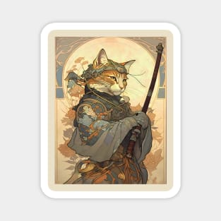 Art Nouveau Traditional Japanese Cat Samurai Knight Magnet