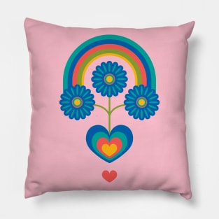 UNDER THE RAINBOW Folk Art Mid-Century Modern Scandi Floral With Flowers and Hearts on Pink - UnBlink Studio by Jackie Tahara Pillow