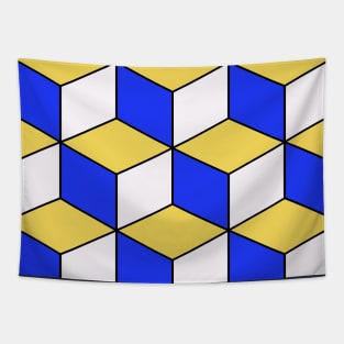 Blue Yellow 3D-Look Cubism Geometric Pattern Tapestry