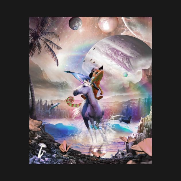 Cowboy Chameleon Lizard Riding Unicorn Beach Space Cute by Random Galaxy