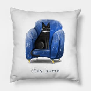 Cartoon black cat in a blue armchair and the inscription "Stay home". Pillow