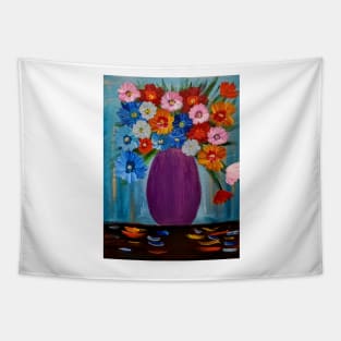 A lovely mixed of colorful flowers in a metallic purple vase Tapestry