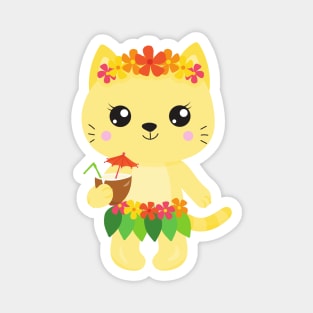 Hawaii Cat, Cute Cat, Yellow Cat, Flowers, Luau Magnet