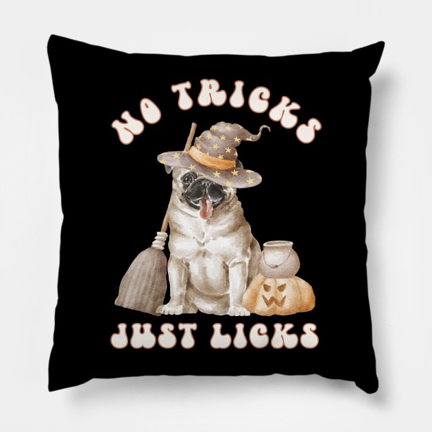 Cute Funny Halloween Pug Watercolor Witch Design with Pumpkin Pillow by bbreidenbach