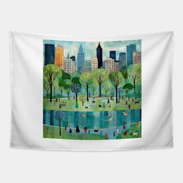 Summer Day in Iconic Central Park, NYC, Art Brut Style Tapestry by EpicFoxArt