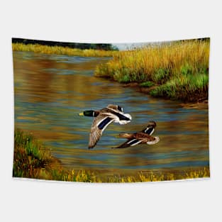 Mallard Ducks Flying Over Water in Wetlands Tapestry