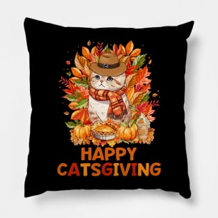 Happy Catsgiving Cute Thanksgiving Cat Wears Pilgrim Hat T-Shirt Pillow