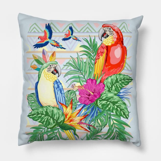 Macaws Parrots Exotic Birds on Tropical Flowers and Leaves Pillow by BluedarkArt