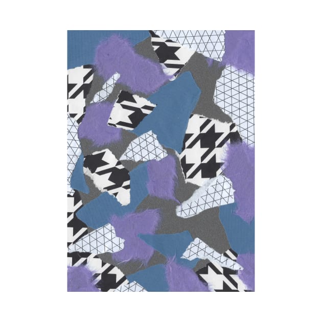 Houndstooth and Hard Edges - Black, White, Purple, Blue - Abstract Mixed Torn Paper Collage by GenAumonier