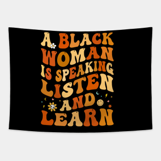 a black woman is speaking listen and learn Black History Tapestry