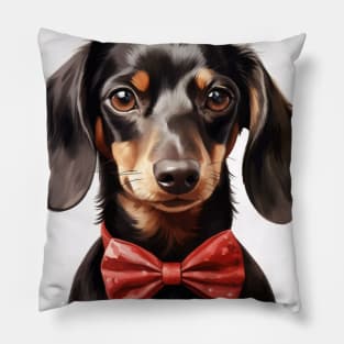 Cute Adorable Dachshund Puppy Dog Wearing a Red Bow Tie Pillow