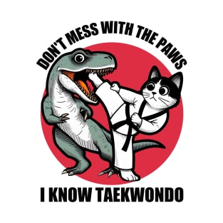 Cat Playing Taekwondo With Dinosaur T-Shirt