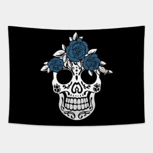 Niche Skull Island Mod Art  Calavera Sugar Skull Blue Roses In Head Mexico Fun Tapestry