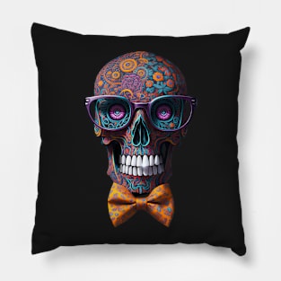 Funny Sugar Candy Skull With Bowtie and Glasses Pillow