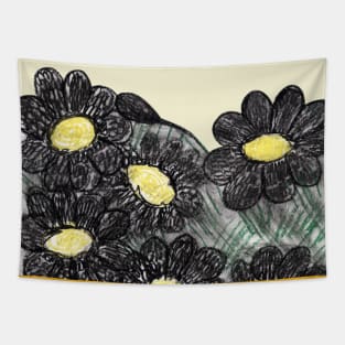 Botanical illustration with daisies. Hand painting, naturalistic black-yellow flowers. Summer print. Design for fabric, textile, packaging, flower shop, website, floristry. Tapestry