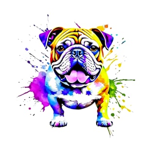 Colorful Bulldog Splatter Art - Bold Canine Expression T-Shirt