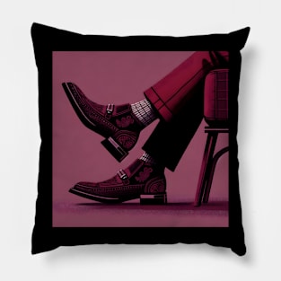 Man sitting with boots in dark pink fashion, power and confidence Pillow