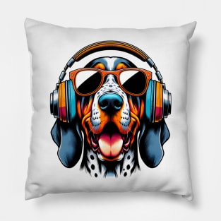 Grinning Bluetick Coonhound as Smiling DJ with Headphones Pillow