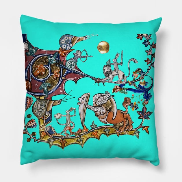 WEIRD MEDIEVAL BESTIARY WAR Between Snails and Killer Rabbits ,Lion,Centaur Knight in Blue Turquoise Pillow by BulganLumini