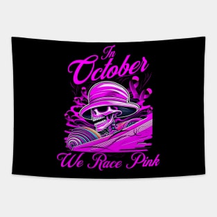 In October We Race Pink Breast Cancer Awareness Ribbon Skull Tapestry