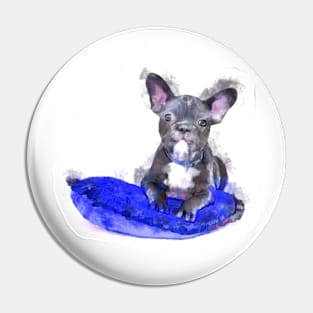 Cute Black And White Bulldog Puppy On A Blue Cusion Digital Portrait Pin