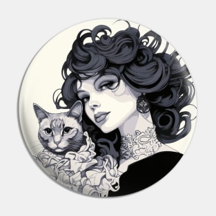 Woman and tabby cat (black and white) Pin