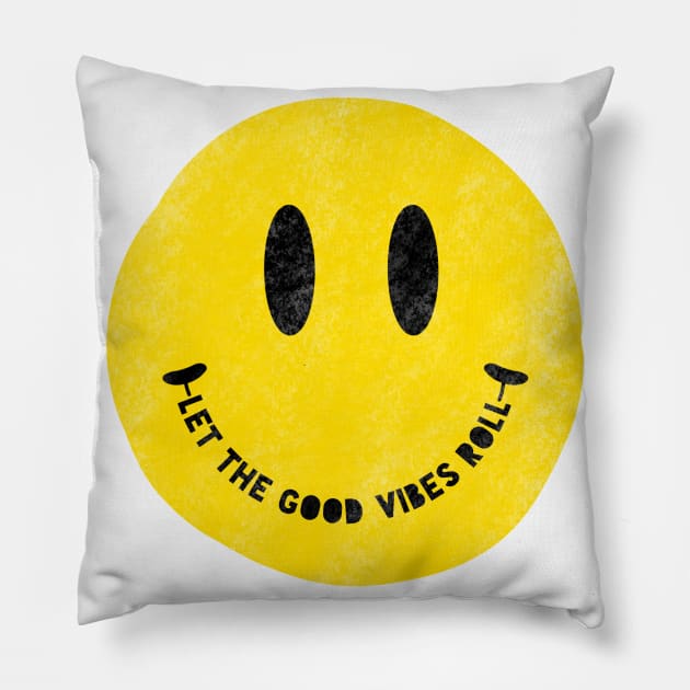 Let the Good Vibes Times Roll Distressed Vintage Smiley Face Pillow by The Dirty Palette