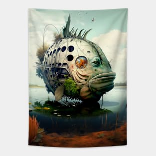 The Armored Angler: The Future of Fish on a Dark Background Tapestry