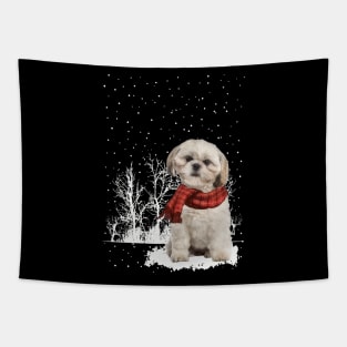 Christmas Shih Tzu With Scarf In Winter Forest Tapestry