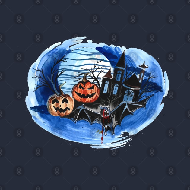 Halloween Pumpkin Night Watercolor by Mako Design 