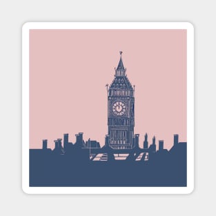 Big Ben London Skyline Linocut Blue and Pink Magnet