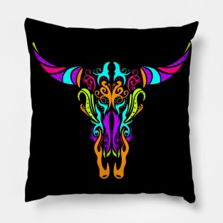 Stylized Cow Longhorn Skull Painting Day Of The Dead Pillow