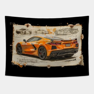 Orange C8 Corvette Design Drawing Supercar Racecar Muscle Car Printed on Back Amplify Orange Corvette C8 Tapestry