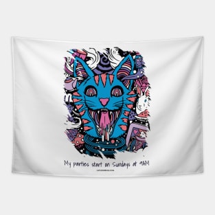 My parties start on Sundays at 9AM - Catsondrugs.com - rave, edm, festival, techno, trippy, music, 90s rave, psychedelic, party, trance, rave music, rave krispies, rave flyer Tapestry