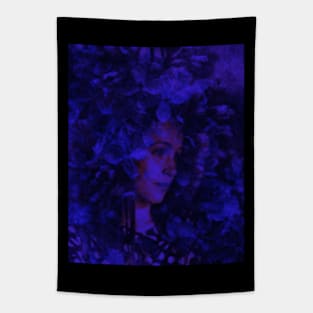 Beautiful girl, near the flowers. Dark, dim, calm and beautiful. Blue. Slightly brighter version. Tapestry