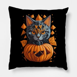 Geometric Halloween Cat on Pumpkin Pillow