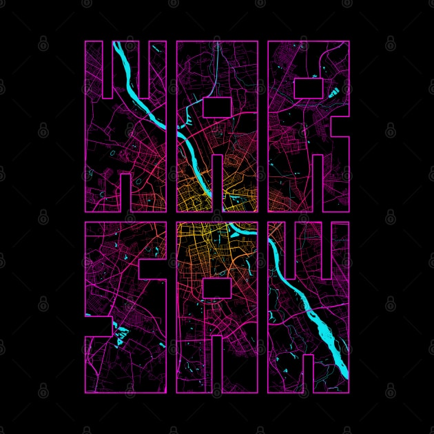 Warsaw, Poland City Map Typography - Neon by deMAP Studio