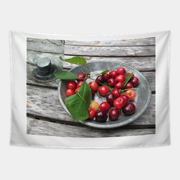 Cherries on a Plate Tapestry by ephotocard