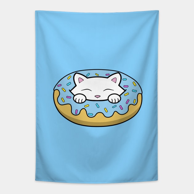 Cute white kitten eating a big blue doughnut with sprinkles on top of it Tapestry by Purrfect