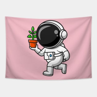 Cute Astronaut Holding Plant In A Pot Cartoon Tapestry