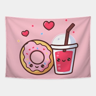 Kawaii Donut and Strawberry Drink with Hearts | Cute Food Art in Kawaii Style Tapestry