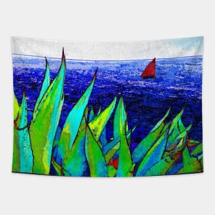 Agave Plant Seascape Red Sail Sailboat Sailing Painting Tapestry