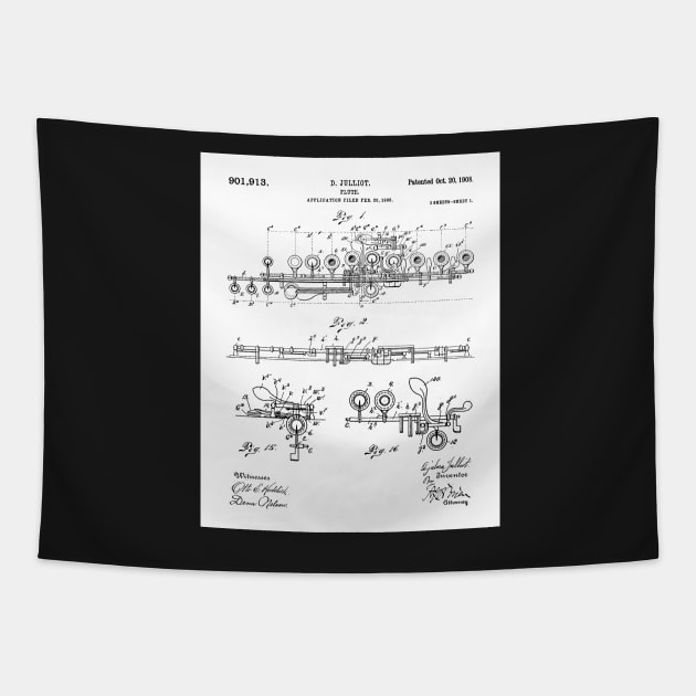 Flute Patent - Musician Art - Black And White Tapestry by patentpress