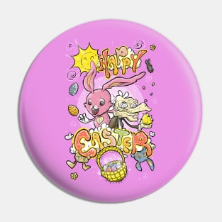 HAPPY EASTER with Cartoony Old Man Joe & the CUTEST Easter Bunny EVER Hand Drawn One of a Kind Art 2 Pin