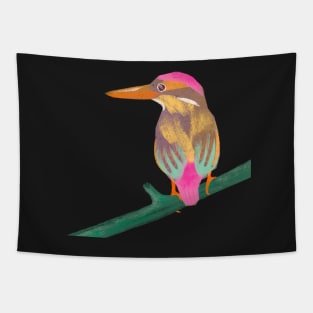 Kingfisher illustration pink, yellow, green colored bird Tapestry